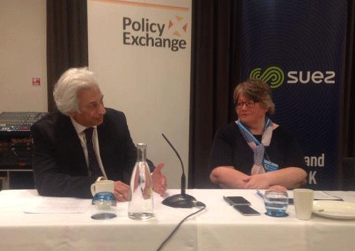 (l-r): Gev Eduljee, Suez external affairs director, discusses the future of resource policy with Defra minister Therese Coffey at the conference fringe session